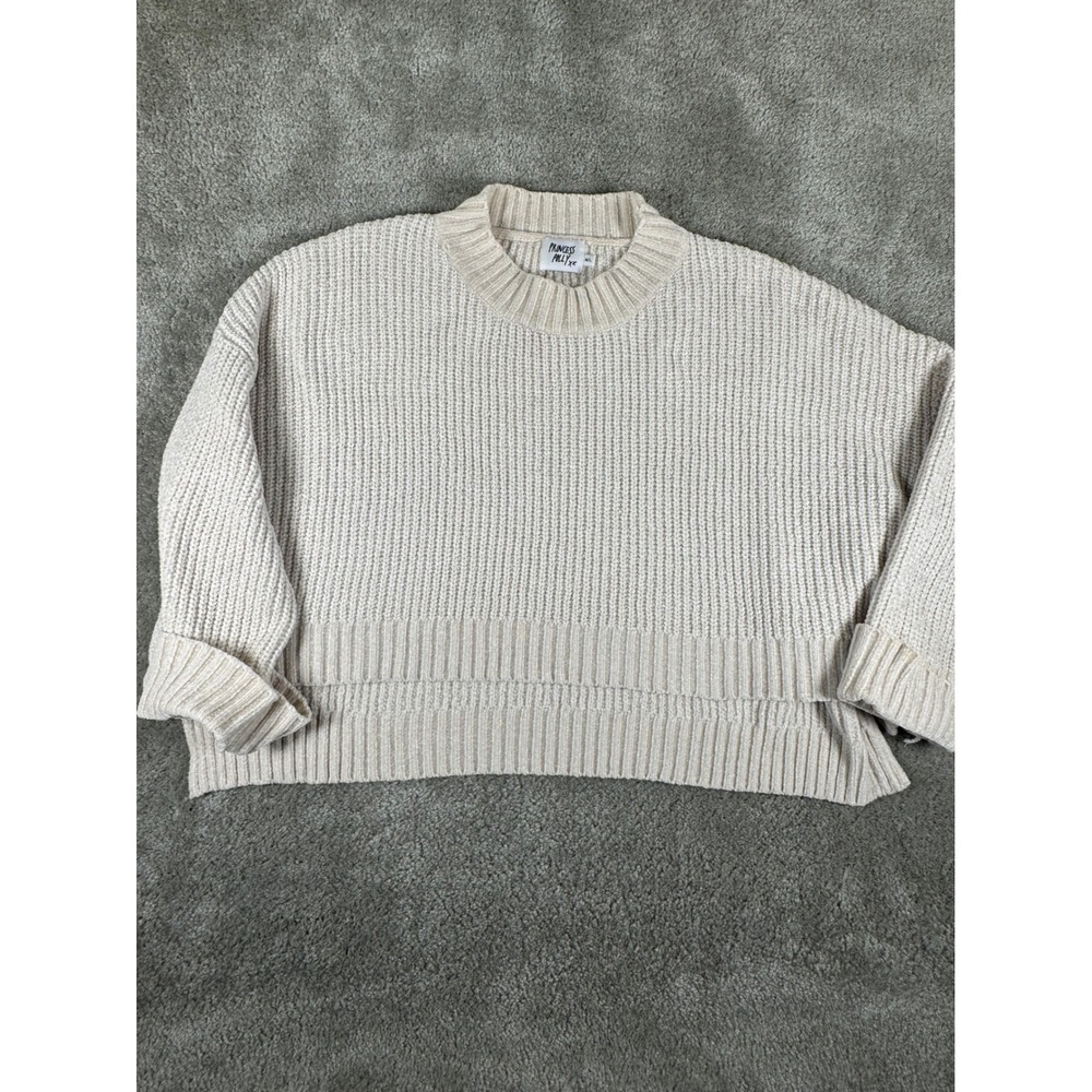 Princess Polly Chenille Sweater Cream Beige Ribbed Oversized Cropped ML